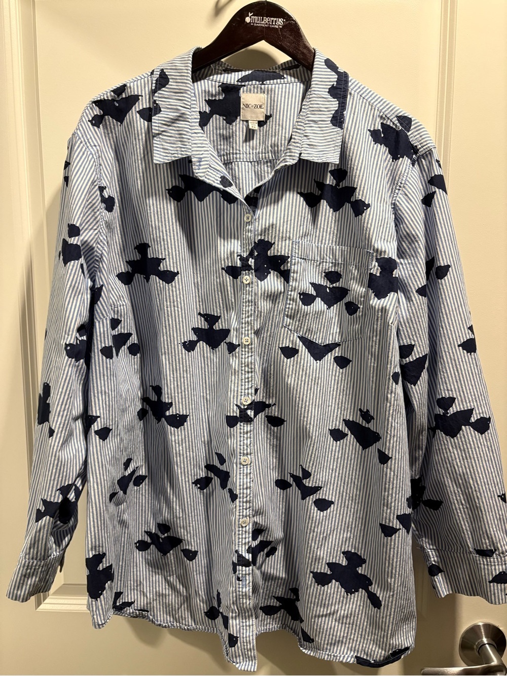 NIC+ZOE Blue and Navy Striped Button-Down Shirt with Navy Print